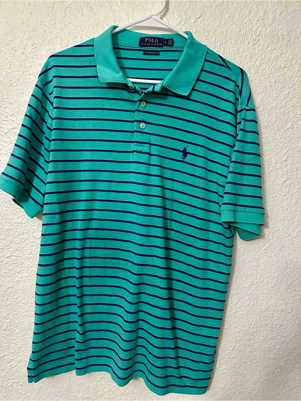 Ralph Lauren Polo Shirt  in Teal with Navy Stripes Size Large Slim Fit